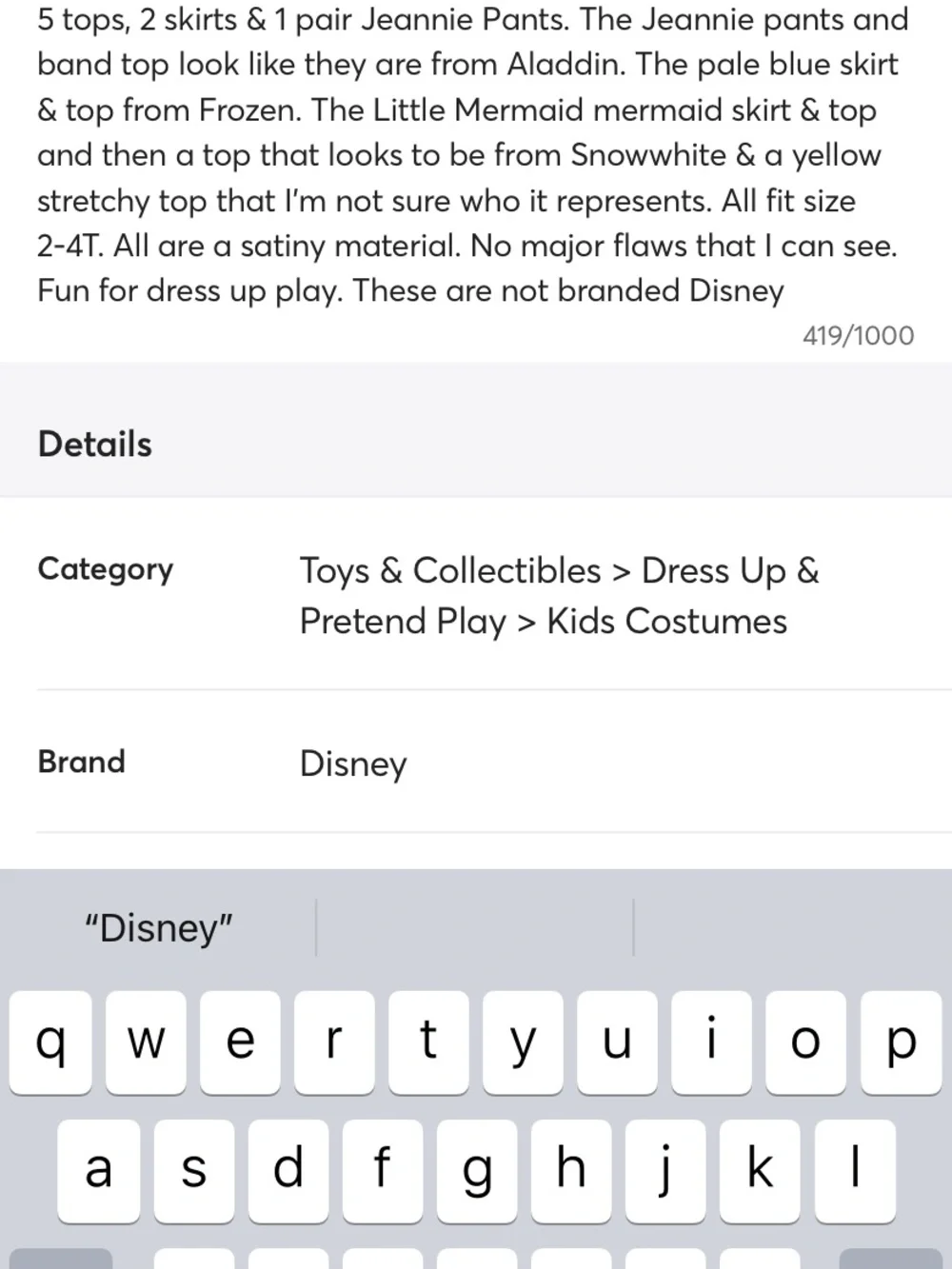 Disney Character Girls Costume Bundle 5 Tops 2 Skirts 1 Harem Pant